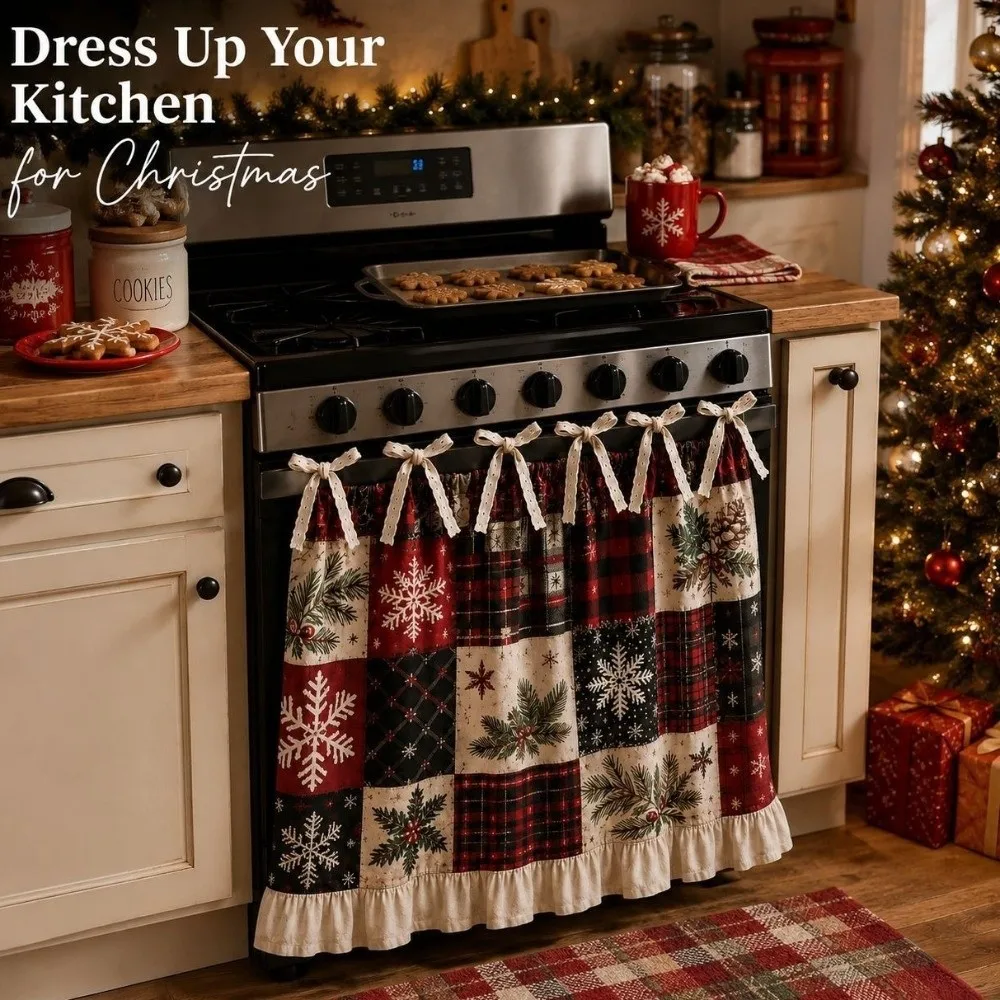 Ruffle Edge Christmas Oven Short Curtain Snowflake Printed Snowman Deer Santa Claus Oven Skirt Multi-functional