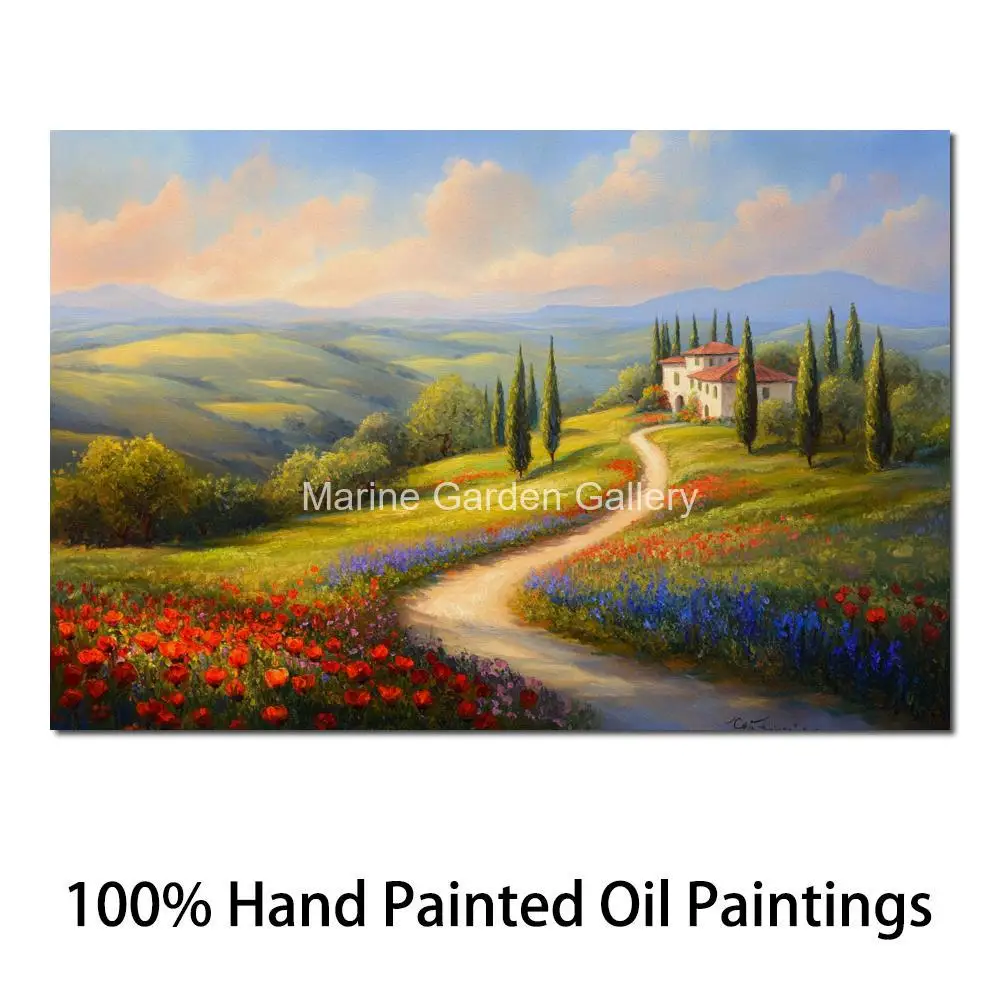 

Modern Landscape Canvas Art Flowers Field Village Handmade Oil Painting Contemporary Artwork Wall Decor for Living Room Large