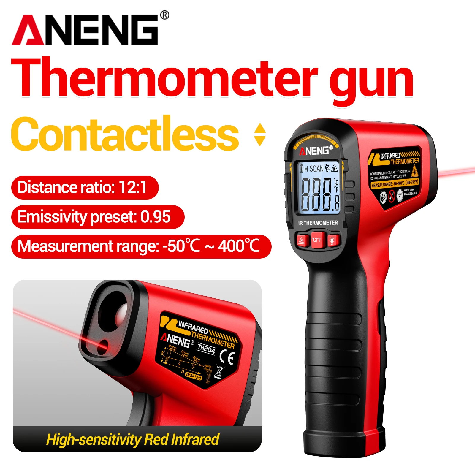 ANENG TH204 Industrial Infrared Thermometer -50‑400℃ 12:1 D:S Laser Aiming Backlit Display Data‑Hold ℃/℉ Selectable Test Tool
