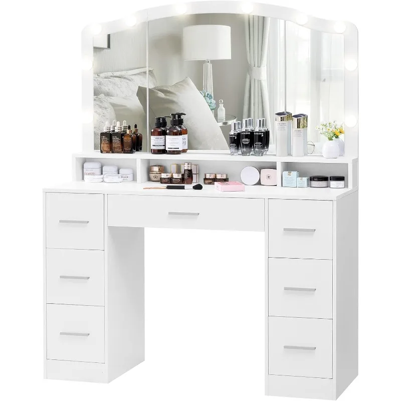 

43.3" Vanity Desk with Large Lighted Mirror, Makeup Vanity Table with 7 Drawers & 10 Lights Bulbs, 3 Lighting Colors