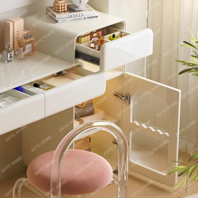 Retractable Cream Style Dressing Table Bedroom Light Luxury Modern Simple Small Apartment French Makeup Table Storage Cabinet