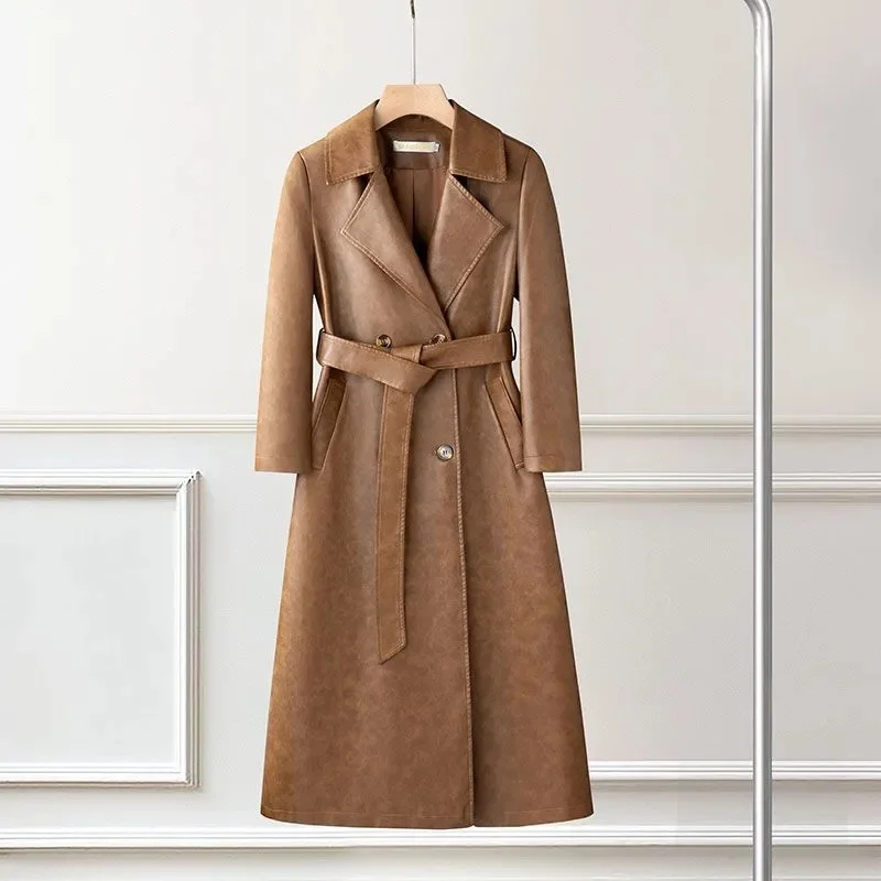 2025 신상 가을 겨울 고품질 X롱 레더 코트 여성 인조 가죽 재킷 더블 브레스티드 새시 캐주얼 레이디 오버코트