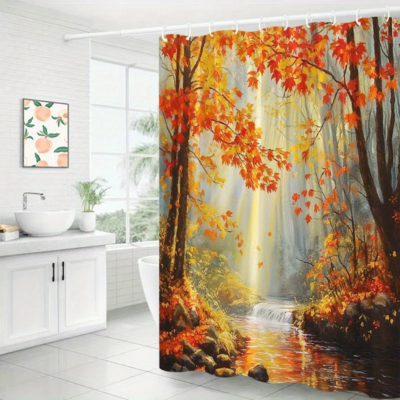 1pc Shower Curtain Featuring a Realistic Digital Artwork of Red And Orange Trees Mirrored in a Stream, Capturing a Sunlit Autumn