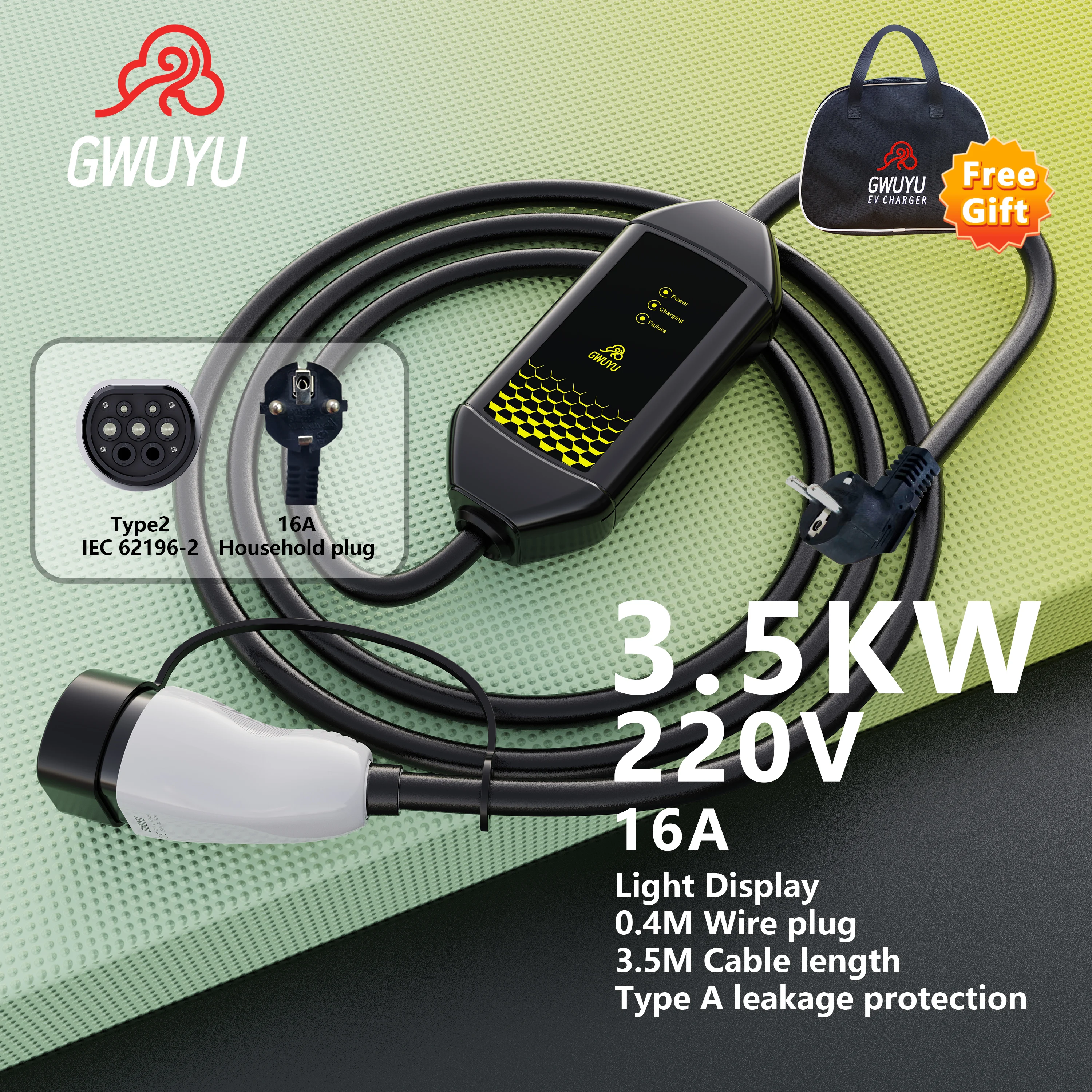 GWUYU-Carregador EV portátil para veículos elétricos, Carregador de carro, Cabo 3.5m, 3.5kW, 16A, 7.6kW, Luz indicadora 32A, Cabo para viagem ao ar