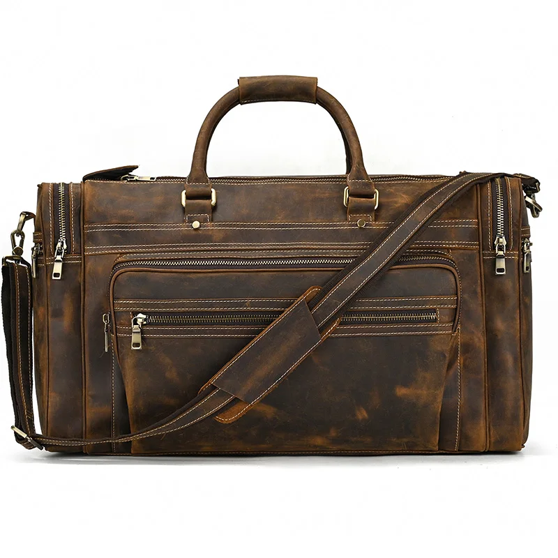 Exlarge – sac de week-end en cuir véritable de 22 pouces pour homme, sacoche de voyage Vintage en cuir de vache avec fermeture éclair, fourre-tout