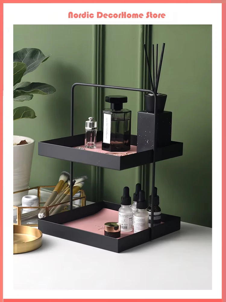 

Nordic Desktop Organizer Makeup Brush Holder Wrought Iron And Leather Double-Layer Jewelry Tray Lipstick Holder Perfume Tray