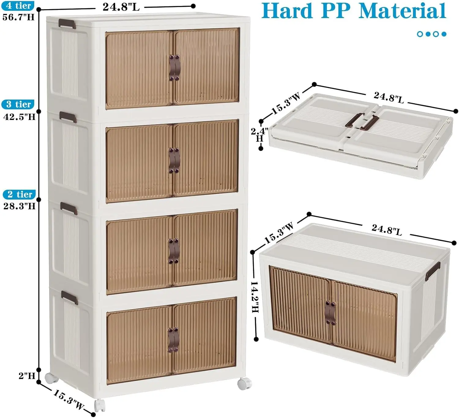 4 Tier Plastic Storage Bins with Lid Storage Containers with Wheels, Folding Storage Boxes, Collapsible