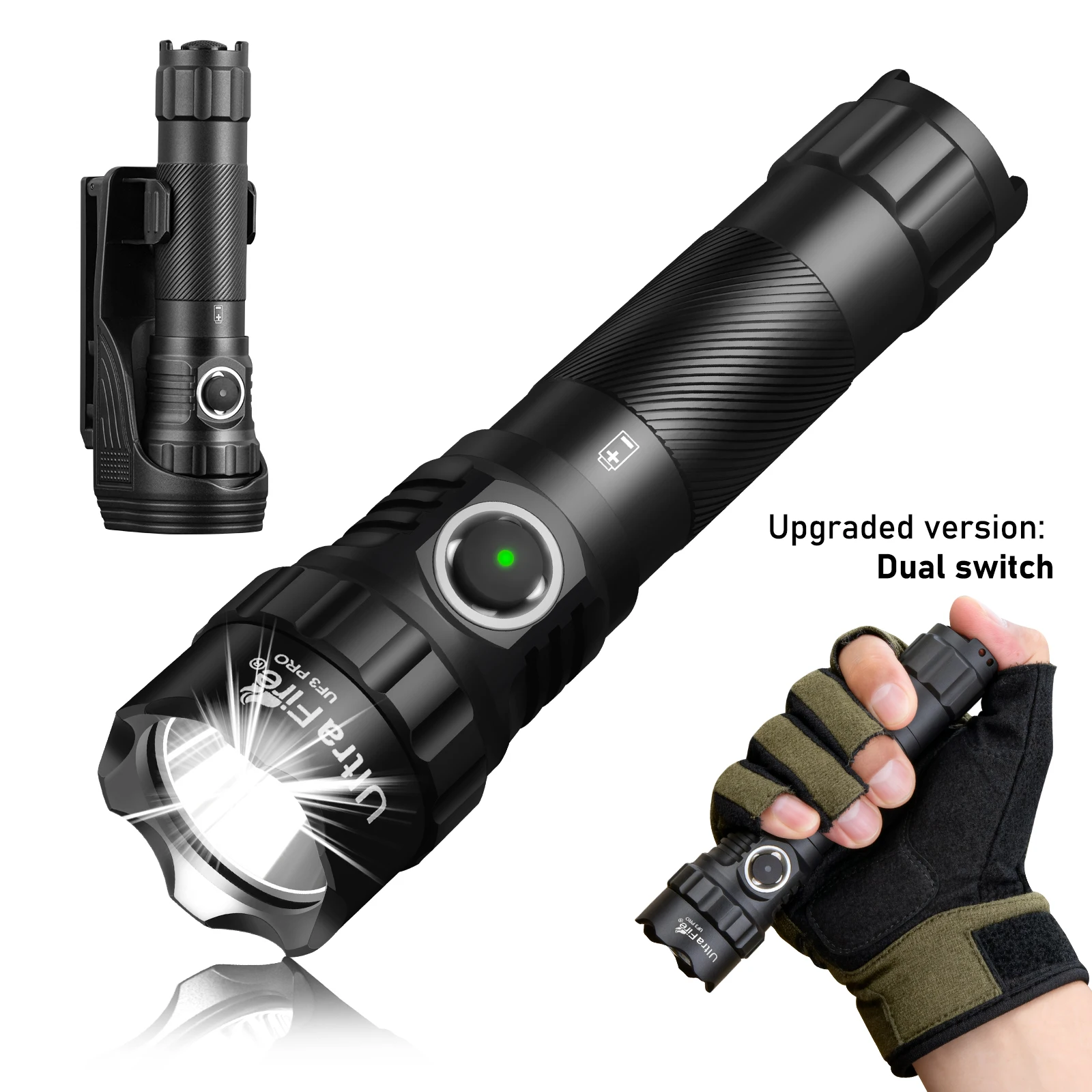 

UltraFire UF3 Pro Tactical Flashlight 3 Modes 1800LM Dual Switch Flashlight with Belt Holster 21700 USB C Rechargeable LED Lamp