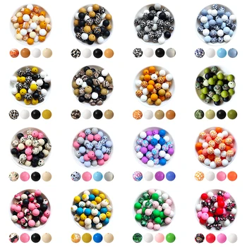 15mm 20pcs Silikon perlen runder Druck Beiß perlen in Lebensmittel qualität für Babys pielzeug weiches Kauen Zahnen DIY Schnuller Clips Halskette