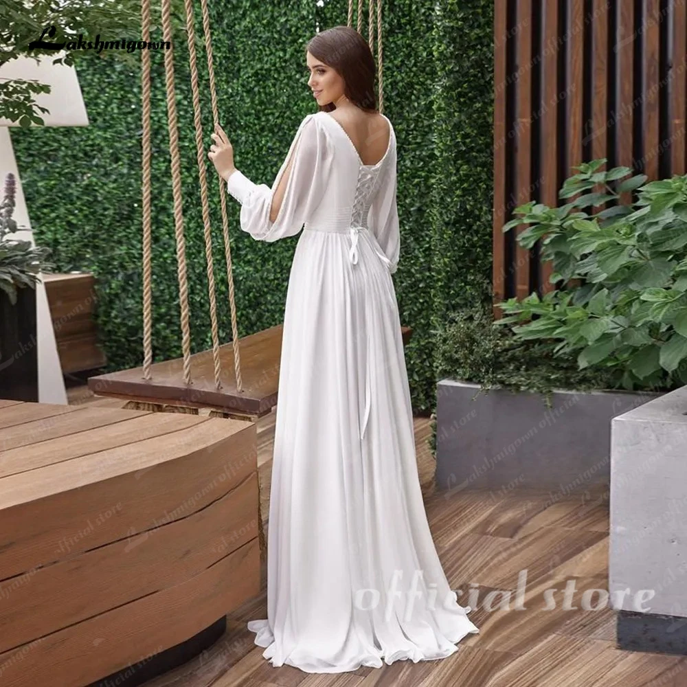 Lakshmigown verão com decote em v plissado cinto vestido de noiva personalizado mangas compridas puff vestido de noiva rendas até voltar vestido de casamento chiffon