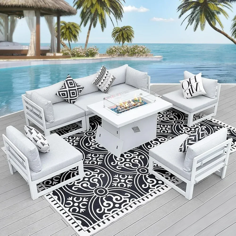 7 Pieces Patio Furniture Set with Fire Pit Table 43" Propane Natural Gas Convertable, 29'' Depth Outdoor Conversation Sofa Set