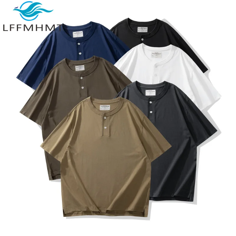 

250G/㎡ Yarn Cotton Henry Shirt Tee For Men Summer Fashion American Style Short Sleeve Solid Color O-neck Simple Casual Tops Male