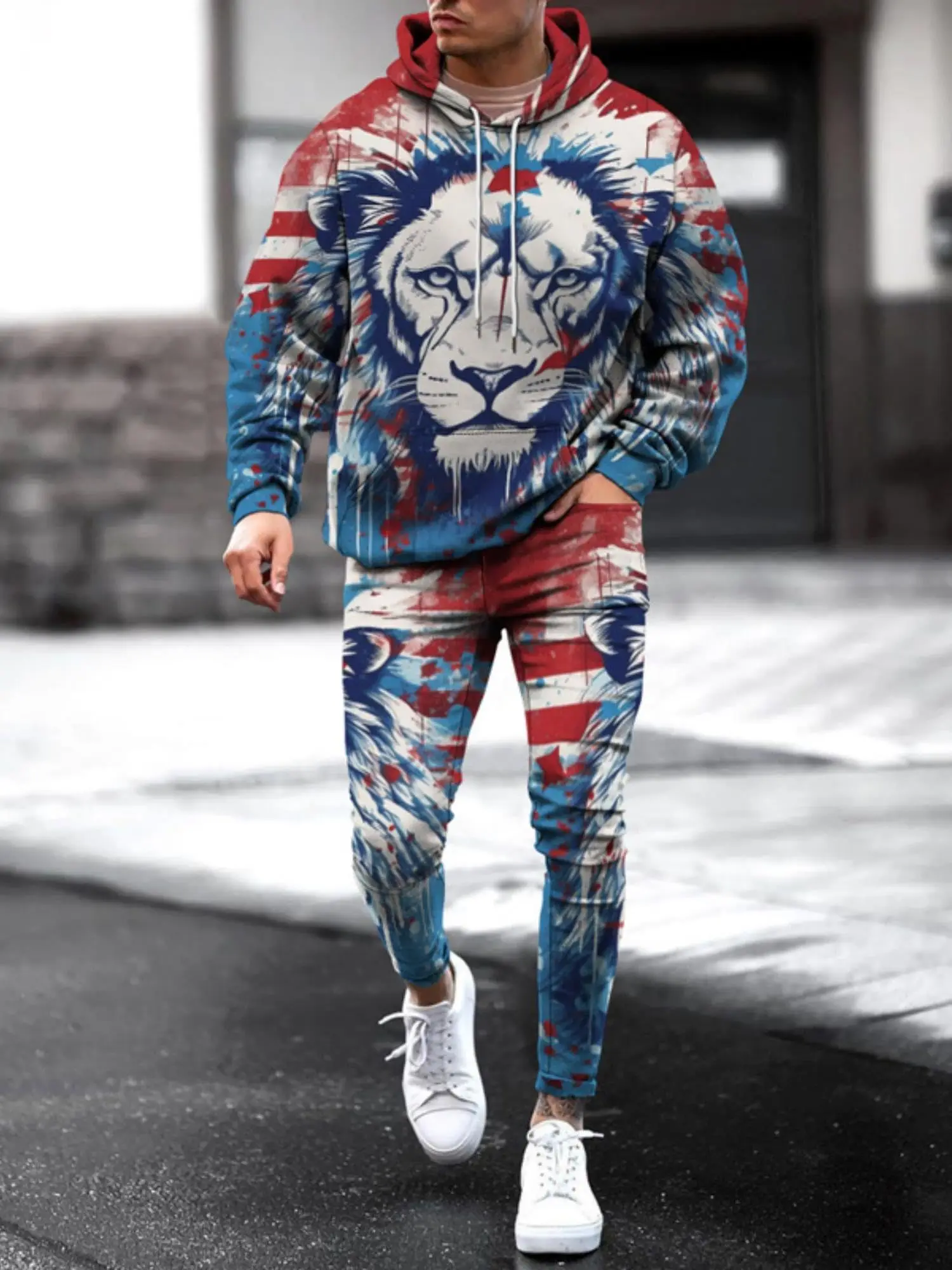 Men\'s 3d Printed Casual Flag Animal Hoodie Set Adult Two Piece Sportswear Sweatshirt Street Sweatpants Suit Men Women Universal