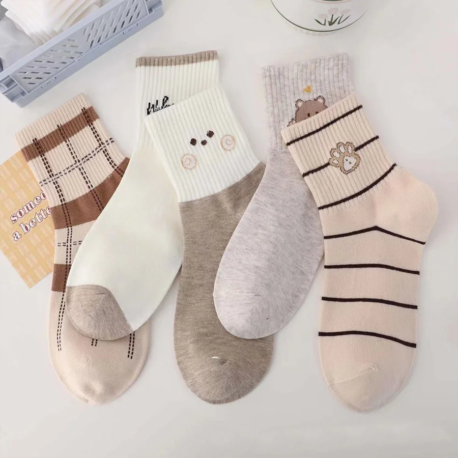 5pcs Women Socks Cartoon Outdoor Cute Long Tube White Cute Long Socks Absorb Sweat And Prevent Odor  Women's Socks