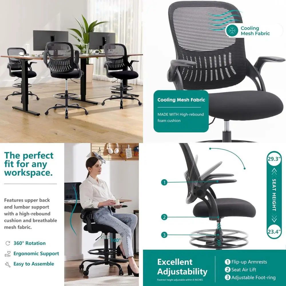 

Drafting Chair with Flip-up Arms, Height Adjustable Standing Tall Office Desk Chair with Foot Ring, Ergonomic Swivel Computer Ch