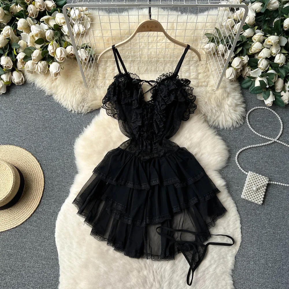 2025 الكشكشة الحلو كعكة فستان شفاف المرأة حزام الدانتيل يصل عارية الذراعين شبكة فستان النوم مثير سيور المثيرة الاباحية ملابس النوم #3