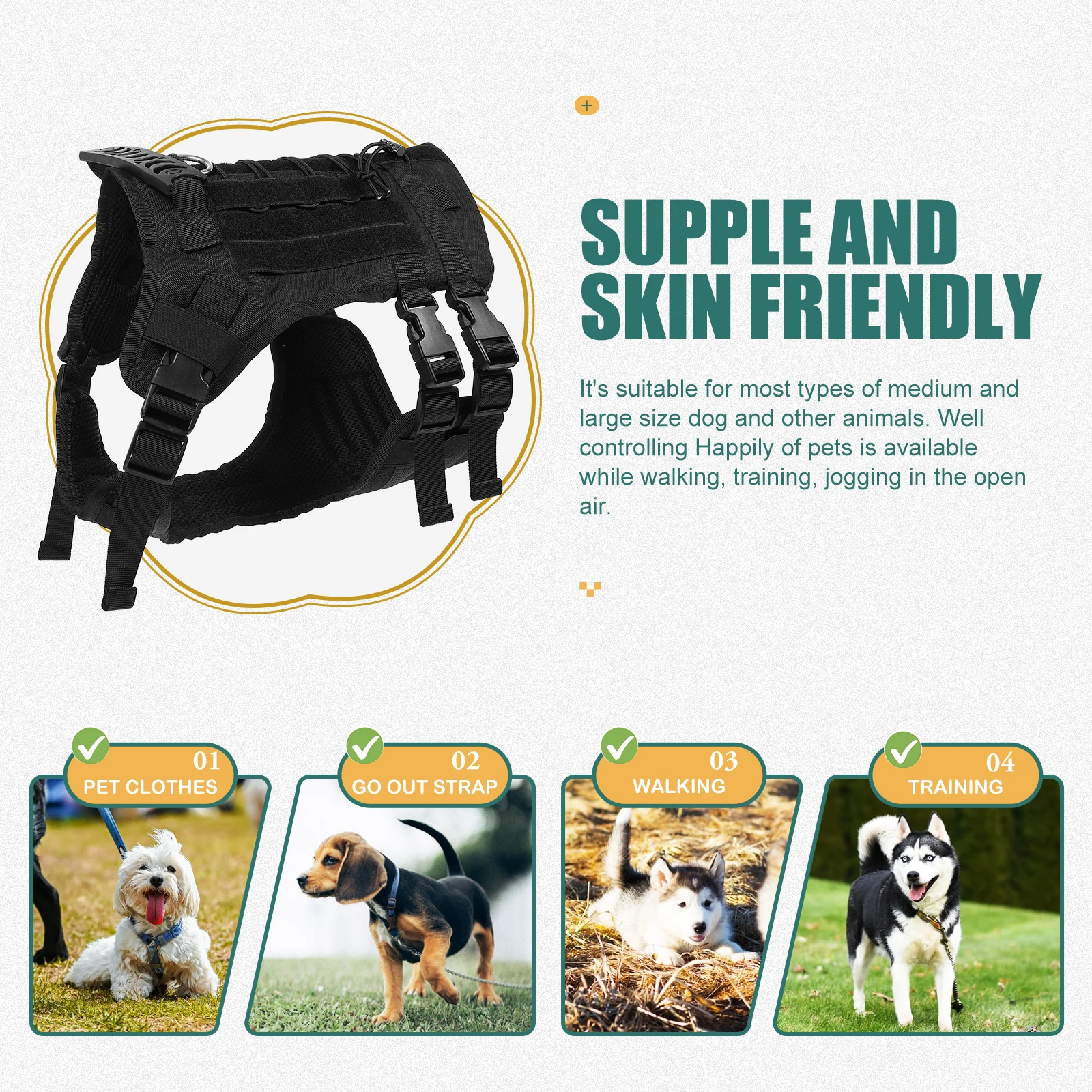 

Pet Harness Dog Vest Wear resistant Tactical for Medium Large Size Animals Oxford Cloth Household Supply
