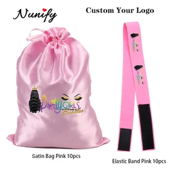 20Pcs Custom Logo Satin Wig Bag With Melting Band Black Pink Silk Wig Storage Bag Custom Hair Packaging Lace Band With Logo