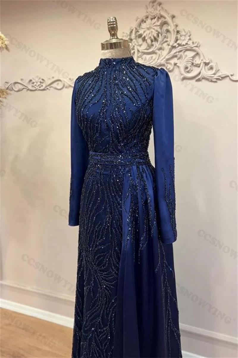 Luxury Long Sleeve Hijab Muslim Evening Dresses Satin Appliques Beaded Islamic Formal Party Gown Arabic Dubai Robes De Soirée