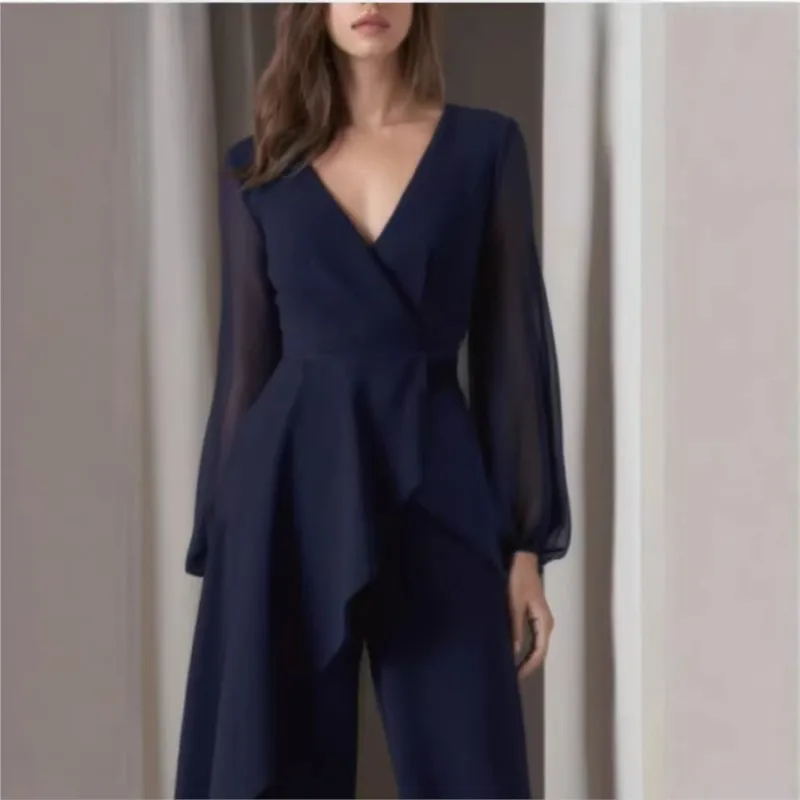 2026 Elegant One-Piece Jumpsuit Navy Blue V-Neck Silk Chiffon Mesh Fabric Long-Sleeved Casual Wide Leg Pants Office Work Clothes view 4