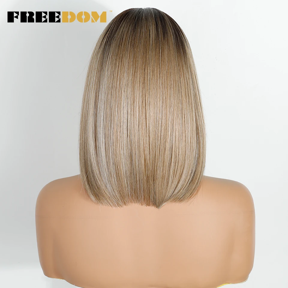 FREEDOM Synthetische Spitzenperücken für Frauen, 12 Zoll kurzer Bob, vorgezupfte, vorgeschnittene Perücke mit Pony, Ombre Braun-Blonde Perücken, Cosplay-Perücke – Detail 8