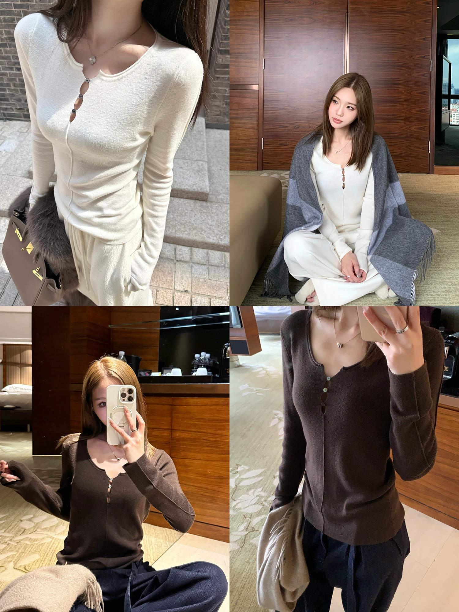 

Slimming Effect Knitted Sweater Women's Inner Wear Hollow out Fabric Upade Autumn Winter Faion Uuyeii round Ne Long Sve