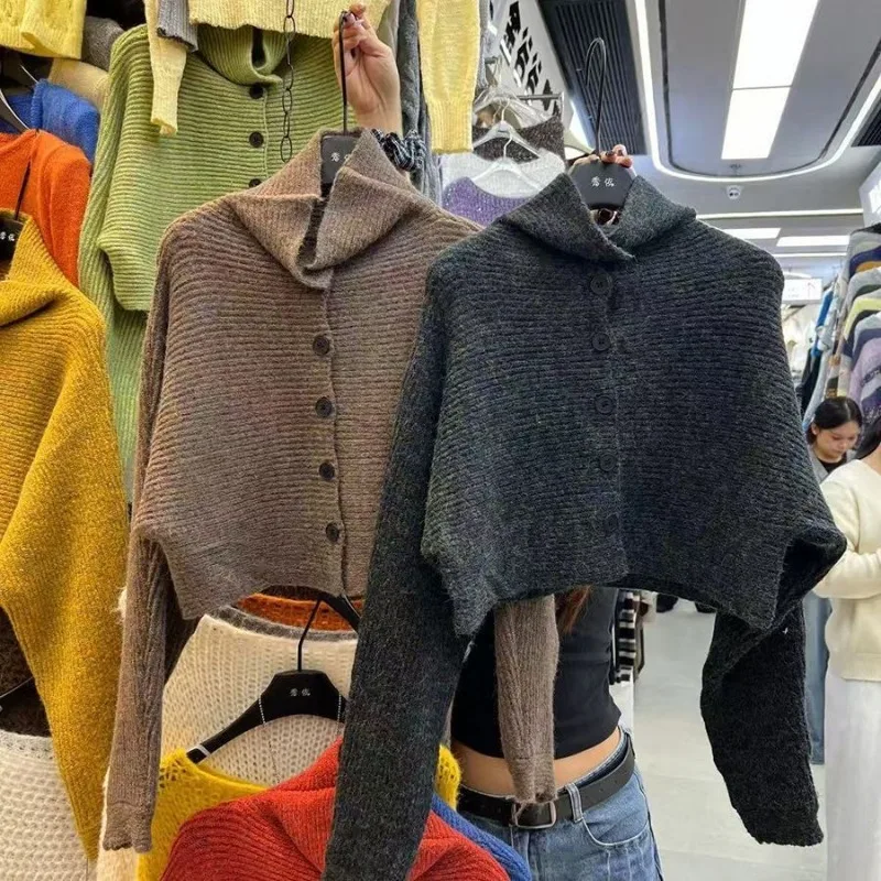 Herfst en winter luie stijl hoge kraag dichtgeknoopt losse paarse korte trui gebreid vest top