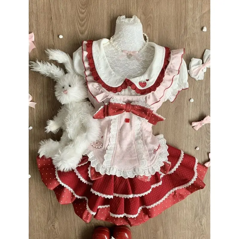 

Японские комплекты юбок Kawaii Lolita, женская рубашка с милым бантом и клубникой, юбка на подтяжках с принтом в горошек, костюм Y2k, шикарные наряды принцессы