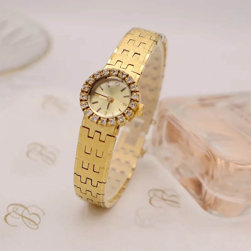 Popular Original Retro Exquisite Bark Pattern round Diamond Women's Quartz Small Golden Watch