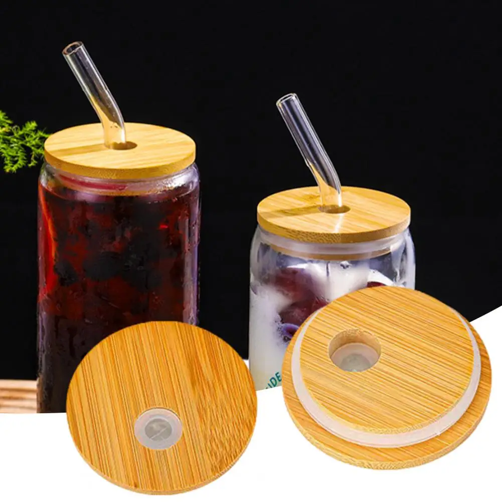 4 Pcs Bamboo Lid With Straw Hole Silicone Seal Lid 2.76inch Canning Lid Regular Mouth Jars Replacement For Beer Glasses Cup Tool