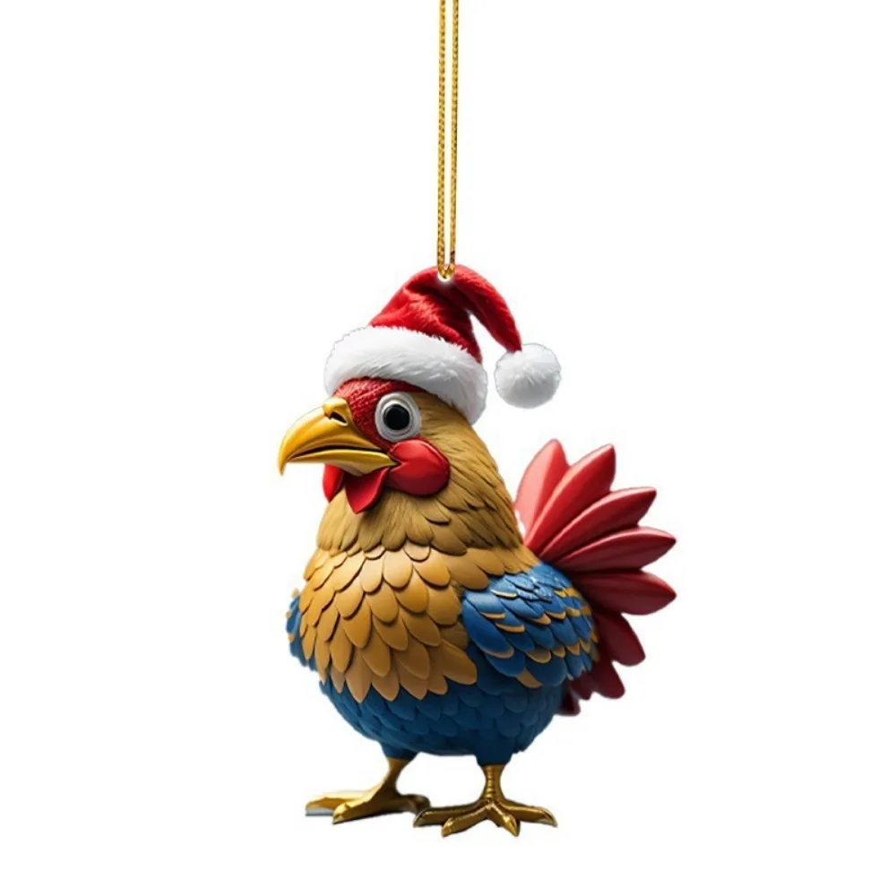 

12-style 2D Flat Rooster Pendant Cute Acrylic Christmas Rooster Ornament Cartoon Car Chicken Pendants Home Decor