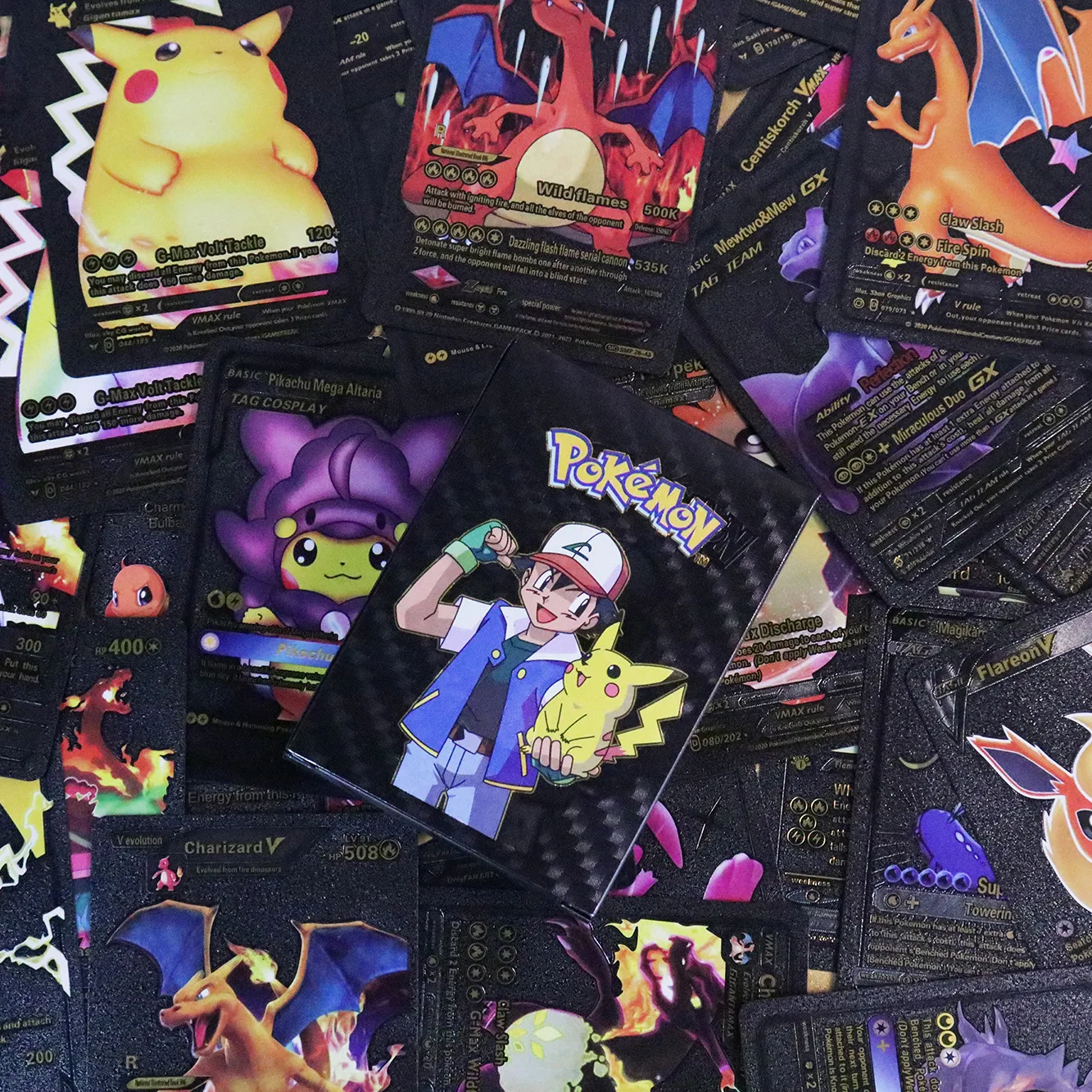 55 Uds. Tarjetas de Pikachu de lámina dorada en inglés, tarjetas originales doradas, plateadas y negras, soporte de juego de Anime, paquete de tablero, serie de juguetes de regalo para niños
