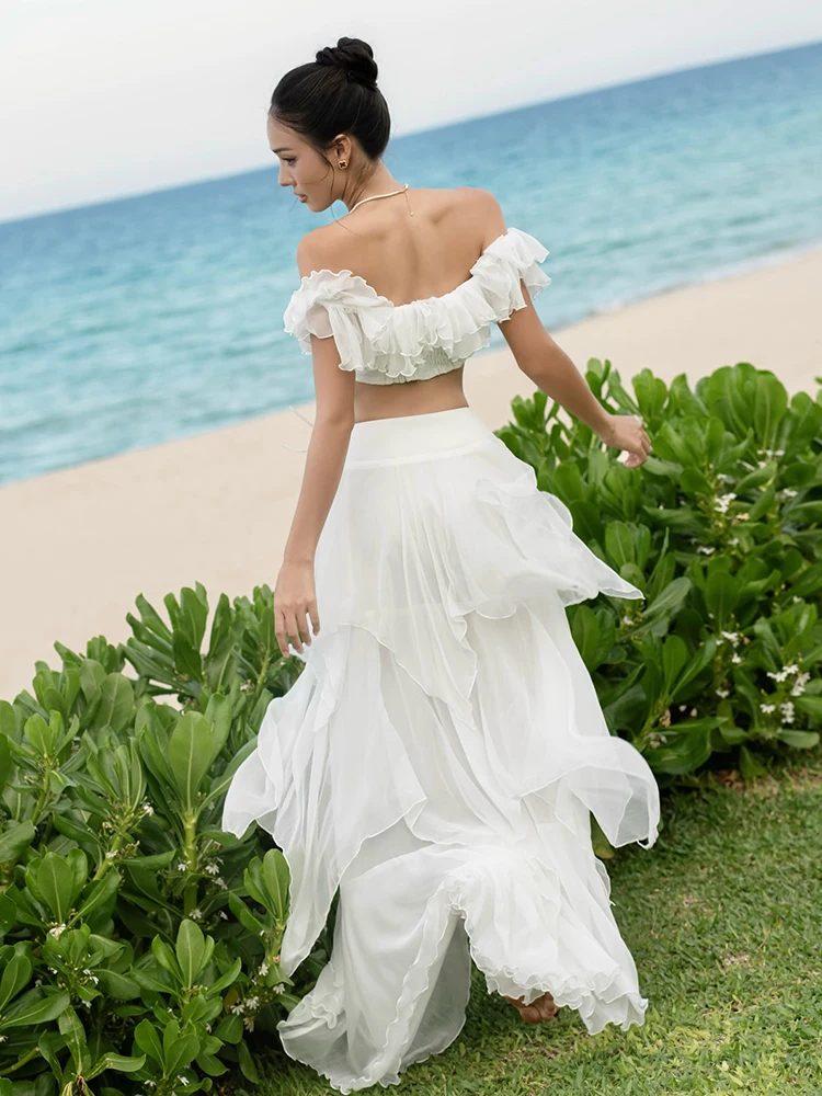 マチェダ Y2K スタイル 2 点セット女性の夏の新トレンドオフショルダーティアードクロップトップス + ロングスカートホリデーシャーリングエレガントな衣装