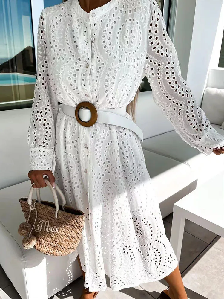 Elegant Hollow Out Lace Solid  Dress Office Lady Slit Button Shirt Dress Summer Spring Long Sleeve Tennis Beach Dresses Robe