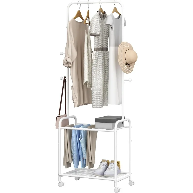 

Clothes Rack, Garment Rack with 2-Tier Storage Shelf, 2-In-1 Design, Coat Rack with 4 Hooks for Bags, 220 lb Max