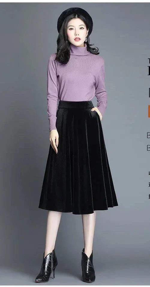 Velvet Large Swing Skirt, Fashionable and Elegant New Mid Length      Autumn  Winter Women Clothing C72