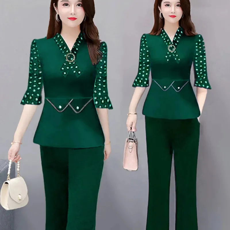 5XL Women Pants 2-Piece Set 2025 Spring Autumn Suit Middle Aged Female Shirt Tops+ Wide leg Pants Two-Piece Suit Profession Suit image 4