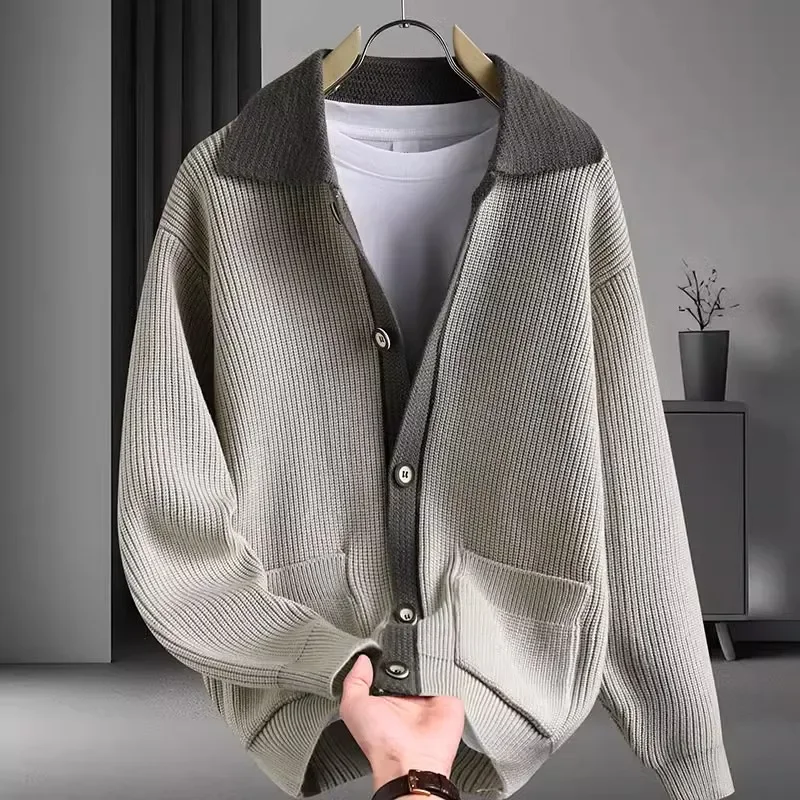 

American Color-blocked Lapel Sweater for Men in Fall and Winter Versatile Casual Sweater Jacket Lapel Button Top