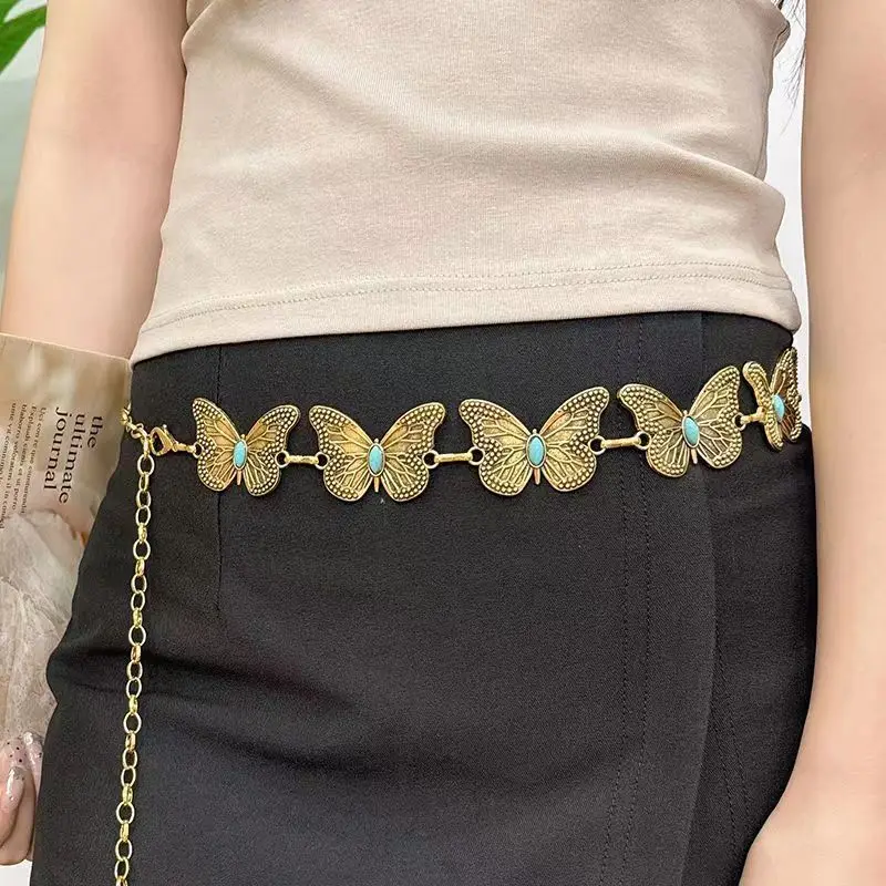 Vintage Turquoise Waist Chain Metal Minority Design Bohemian Waist Belt Jewelry Accessories Ethnic Style Beach Body Chain Girls