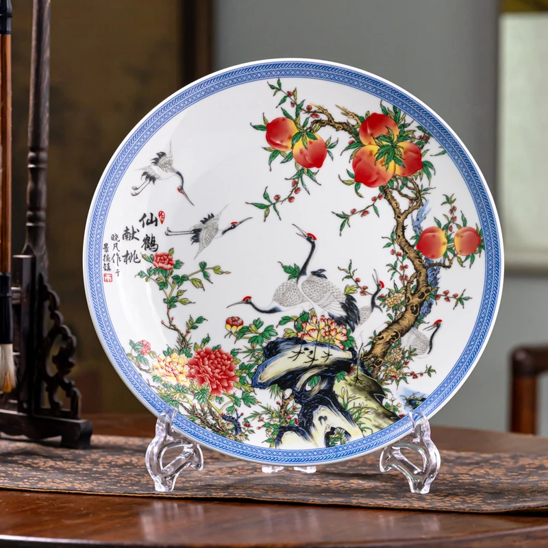 Jingdezhen Ceramic Plate Decoration Hanging Plates Flower And Bird Pattern Ornament Antique Shelves Office And Living Room Plate