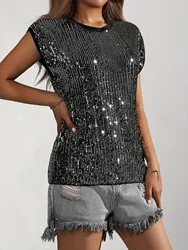 T-shirt girocollo con decorazioni con paillettes nere e argento 2024, elegante Top con maniche a pipistrello di design estivo, abbigliamento di marca da donna