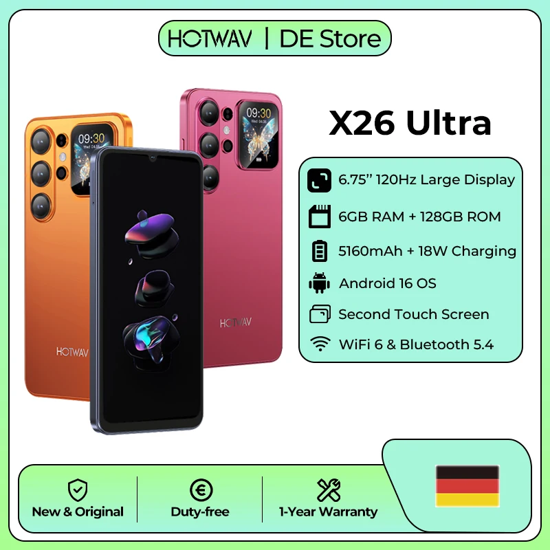 HOTWAV X26 Ultra 6,75'' 120Hz Großes Display Ultra-Dünnes Smartphone Cyber Island 13MP Kamera Mobiltelefon 6GB RAM 128GB ROM 5160mAh Akku 18W Schnellladung Leichtes Globales 4G WiFi 6 Android 16