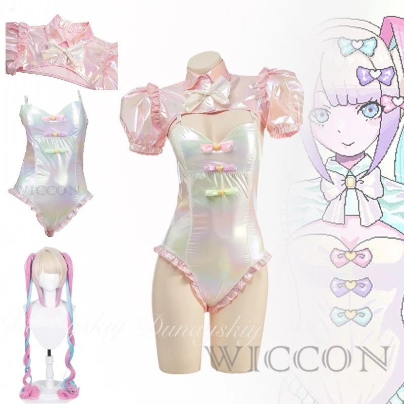 

NEEDY GIRL OVERDOSE Game Rain Ame Superchat Demon Angel Chan с лазерным цветным купальником Белый парик Косплей Костюм Полный комплект