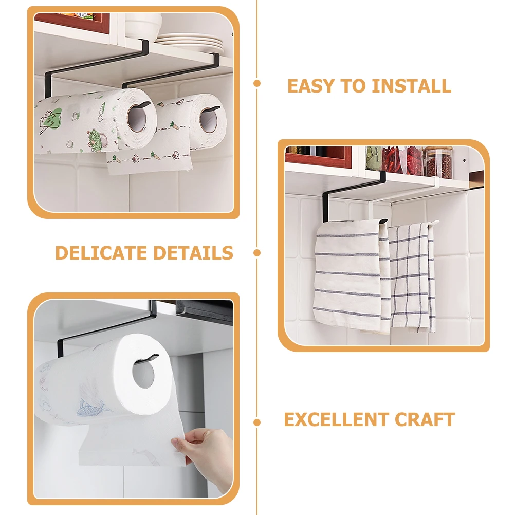

2Pcs Kitchen Roll Holder Paper Towel Dispenser under Cabinet Wrought Iron Black Multi Functional No Drilling Suitable Kitchen