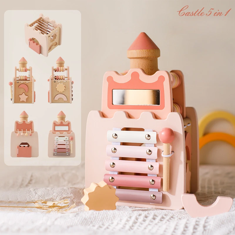 

Baby Toys Wood Castle Dollhouse Shape Matching Piano Pull Rope Beaded Montessori Education Interactive Toys Mini Building Block