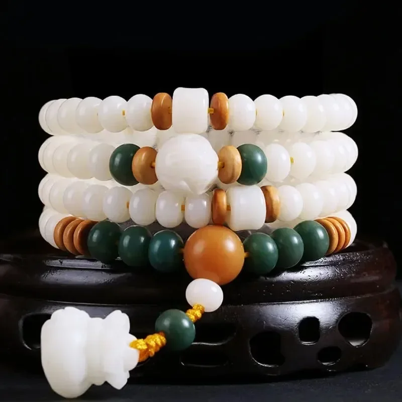 White Bodhi Root Bracelet 108 Buddha Beads Bracelet Protector Traditional Ethnic Jewelry Men's and Women's Versatile Necklace