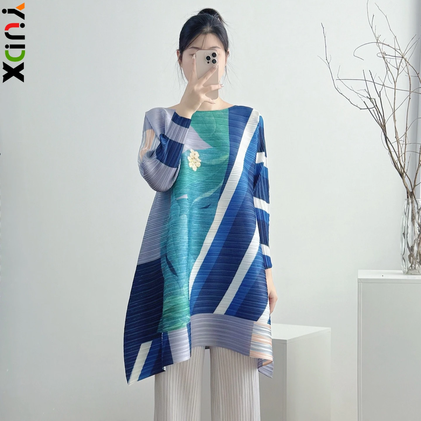 

YUDX Женская асимметричная туника в стиле плиссе Miyake с цветовыми блоками, легкая, немнущаяся, свободного кроя, для весны и осени, повседневный топ