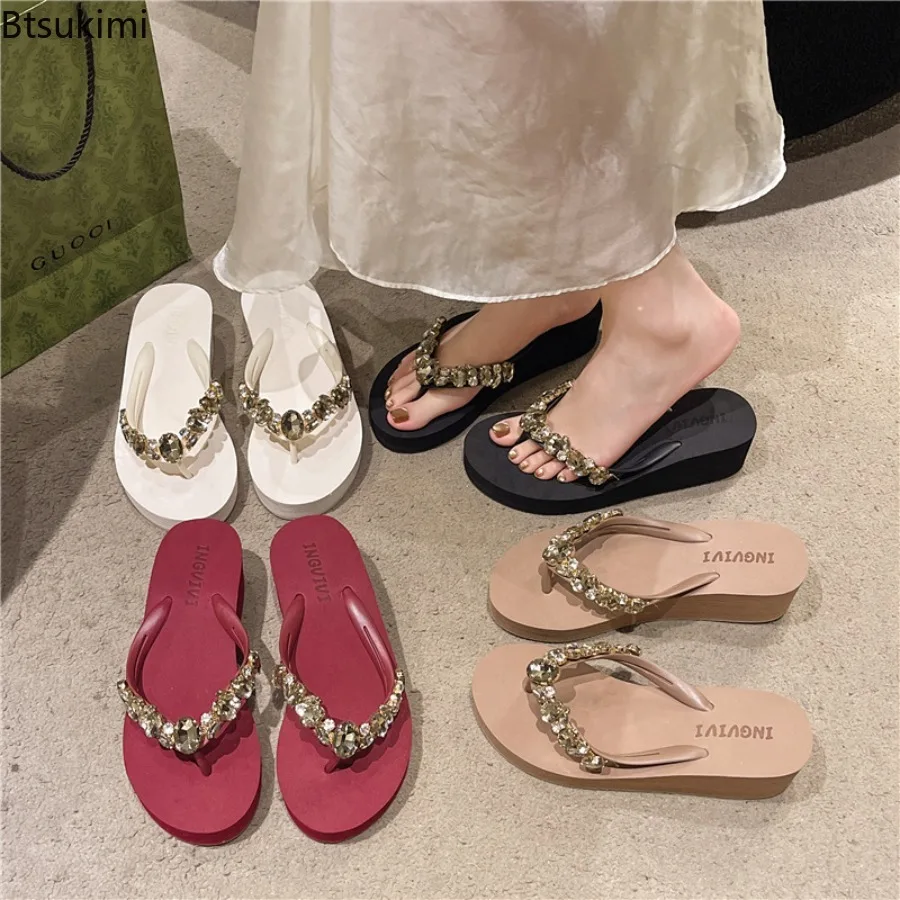 Slippers Women Glitter Flip Flops Summer 2026 Fashion Outdoor Rhinestone Chain Wedge Beach Slippers Jelly Hawaiian Flat Sandals