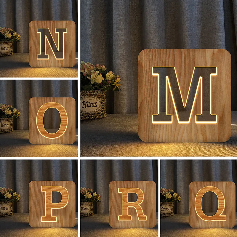 26 Letters A To Z USB Wood Led Night Light Novelty Kid Bedroom Wooded Hollow Carved Bedroom 3D Decoration Table Lamp Child Gift