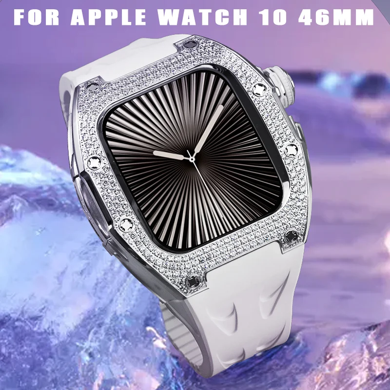 Luxus-Diamant-Modifikationskit für Apple Watch 10 46 mm, Titangehäuse für Iwatch 10 46 mm Mod Kit, Fluorkautschuk-Schmetterlingsschnalle